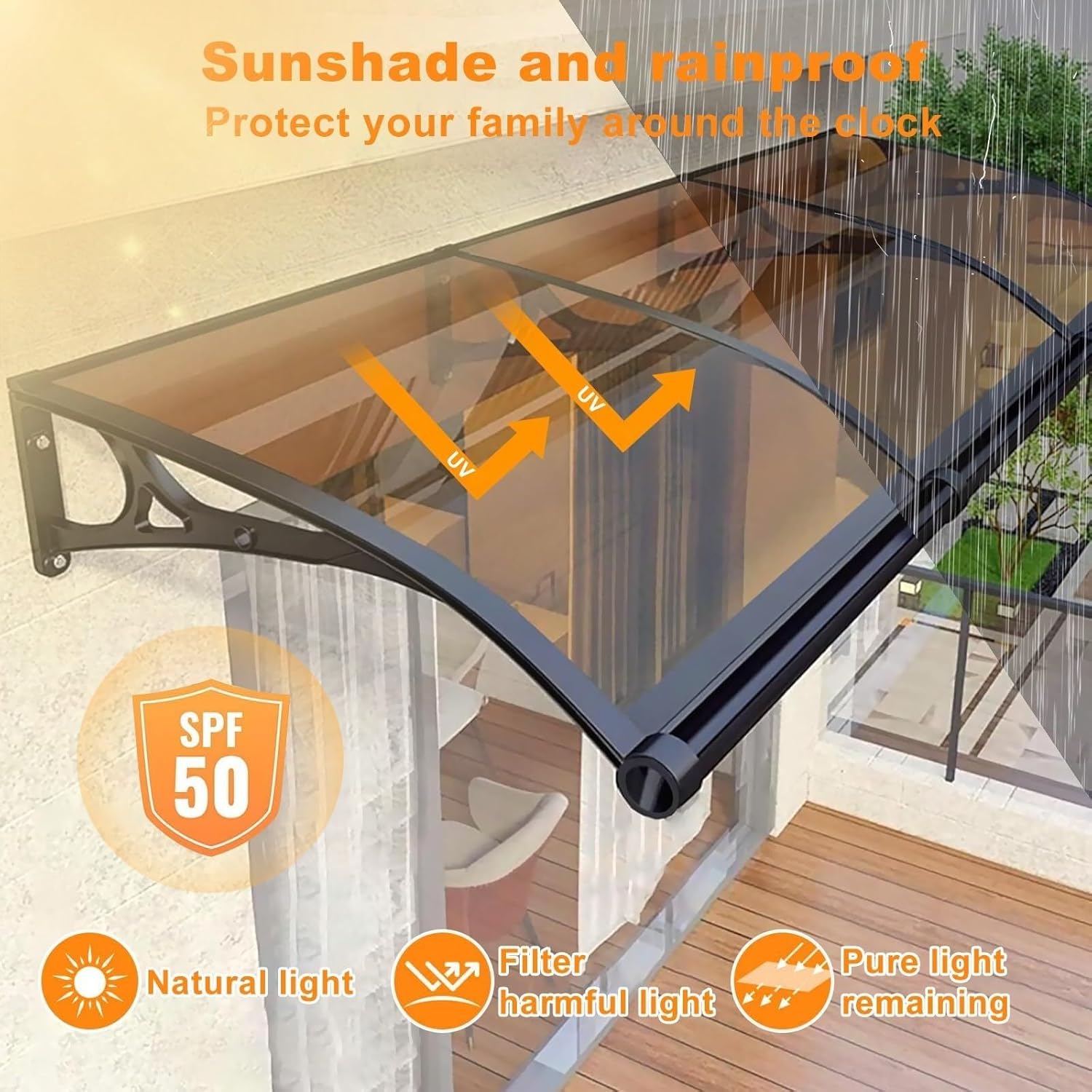 Waterproof Door Canopy Awning - Outdoor Rainproof Patio Window Awning with Polycarbonate Roof & Aluminum Bracket, Shockproof & Silent (60x180cm)