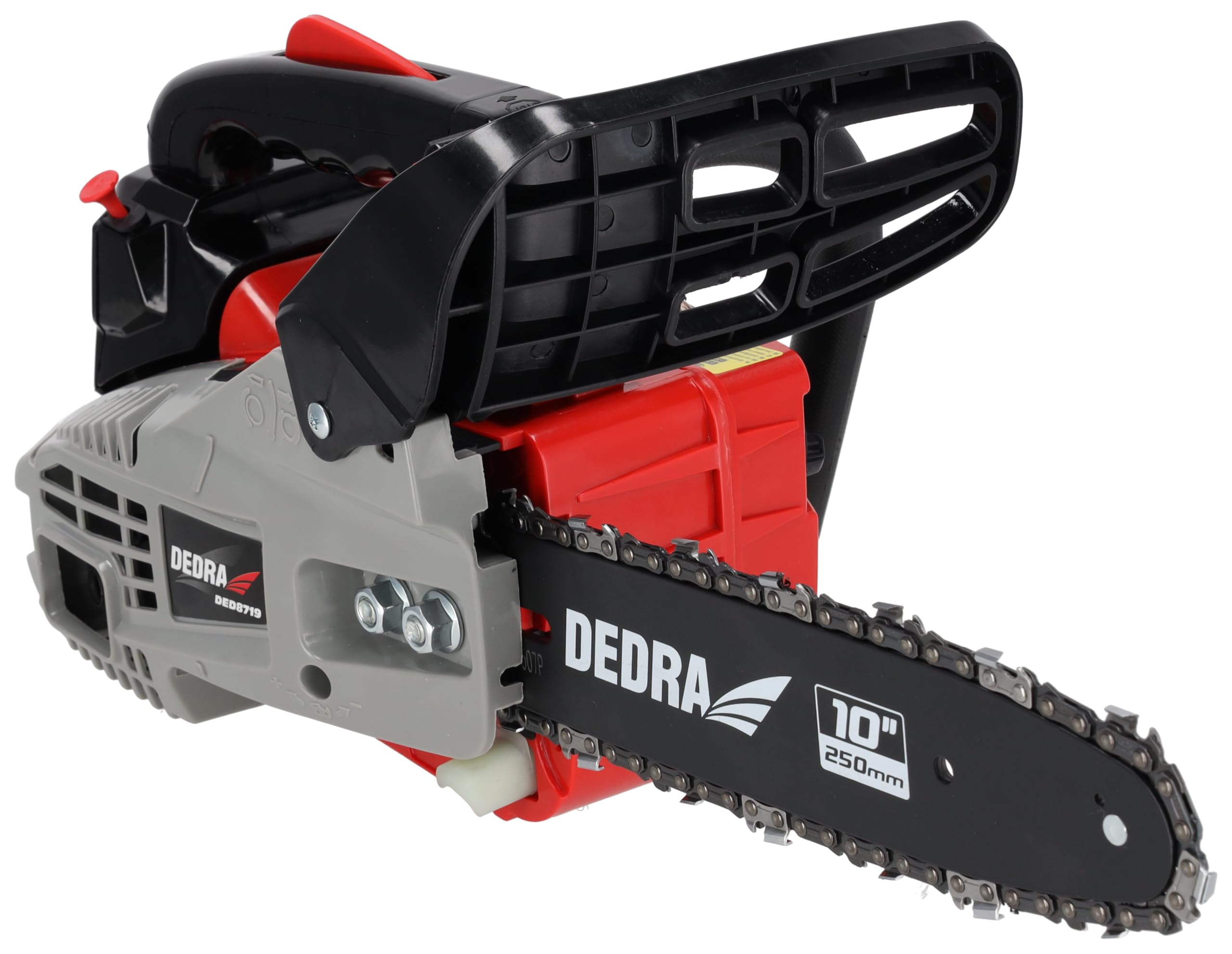 DEDRA Motosierra con motor de gasolina, minimotosierra, potencia 1,0 kW, 25,4 cm³, riel guía de 10" (25 cm), motor de dos tiempos refrigerado por aire, cadena de zapatos bajos, hasta 11500 rpm