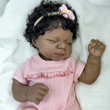 Realistic Reborn Baby Dolls Black - 18 Inch Lifelike Newborn Baby Vinyl Silicone Full Body Doll African American Eyes Closed Biracial Baby Girl Doll with Curly Hair Real Life Babys Bedtime Toys