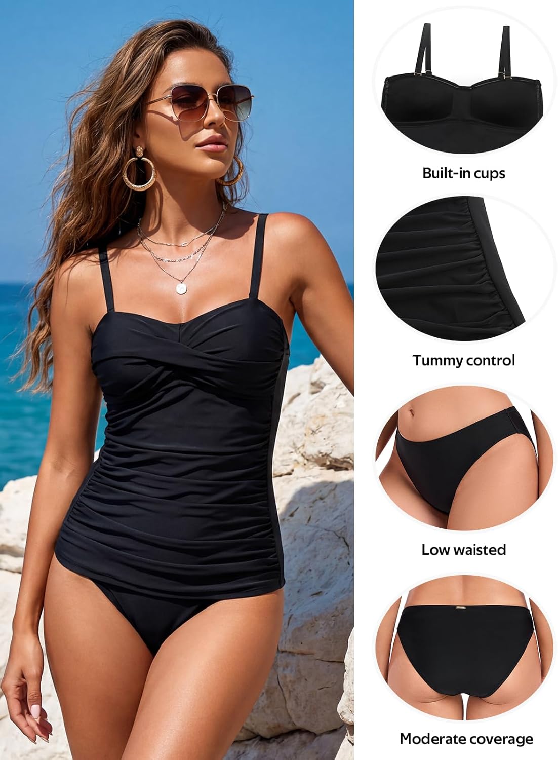 RELLECIGA Women’s Ruched Tankini Sets Tummy Control Two Pieces Bathing Suit Bandeau Tankini with Cheeky Swimsuit Bottom - Image 4