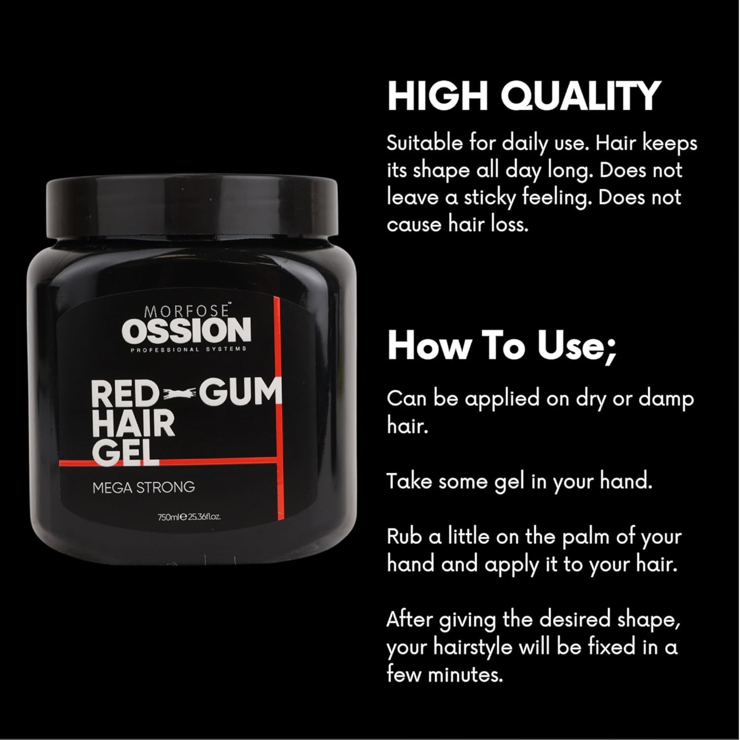 Morfose Ossion Red Gum Hair Gel, Extra Strong Hold Hair Styling Gel for Men, Long-Lasting Control & Shine, Flake-Free, Non-Sticky Formula – Professional Barber Quality, 25.36 Fl oz