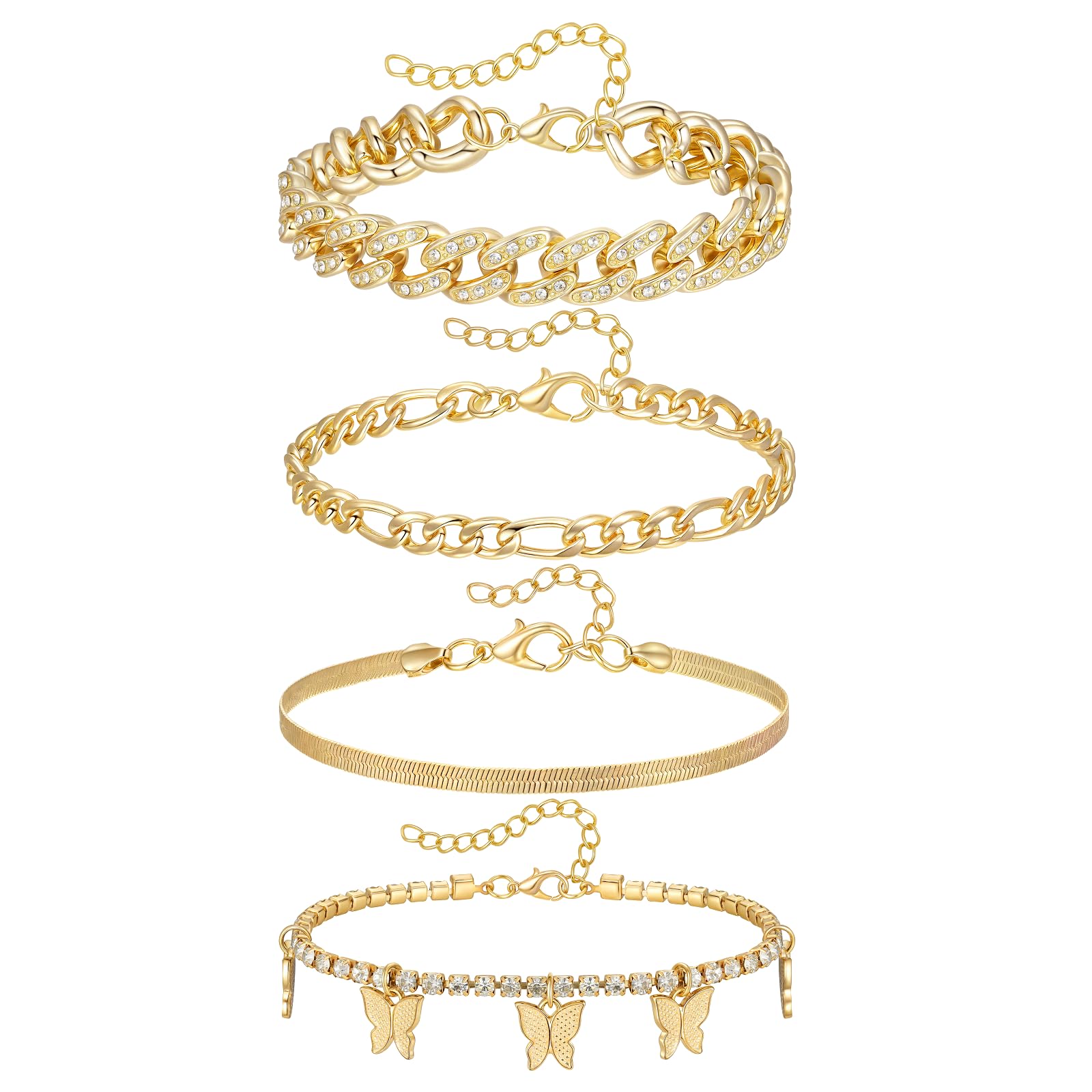 Tobilleras impermeables que no se oxidan, pack de 4 cadenas doradas de oro de 18k 7