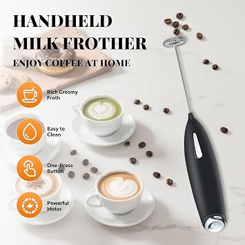 Hemantol Electric Milk Blender, 10000 R/Min, Handheld, Easy To Store Portable, cordless,One Touch, Removable Stainless Steel Blender, Lattes, Coffee, Mixing Drink, Batteries Not Included (Black)