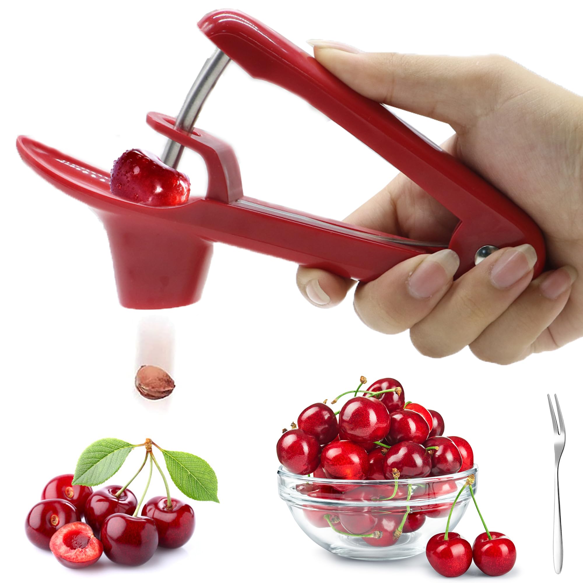 PCTC Cherries Pit Cherry pitter tool, Olives Cherry pitter Seed Stone Remover for Making CherryJam Cherries Corer Pitter Tool with Space-Saving Lock Design（Red)