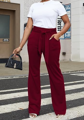 Miniatura 8 de LKOUS Pantalones de vestir elásticos de cintura alta para mujer, pantalones de pierna ancha, pantalones de trabajo para oficina