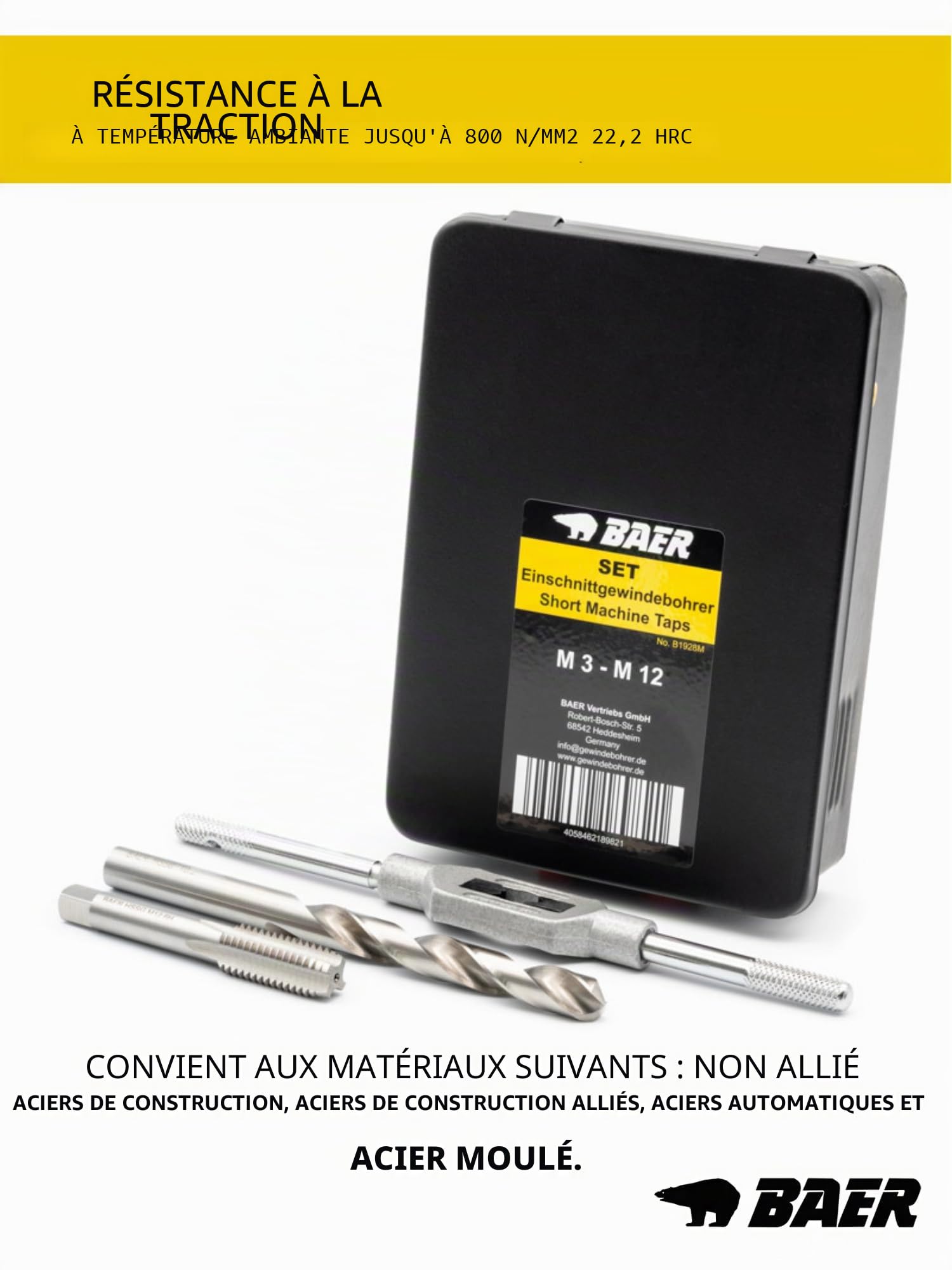 BAER Jeu de tarauds M3 - M12 HSSG - Kit de 15 tarauds - Jeu professionnel en métal