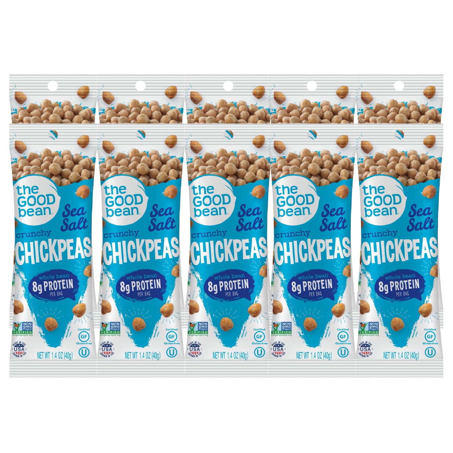 The Good Bean Crunchy Chickpeas - Sea Salt - 10 Pack 1.4 oz Packet - Roasted Chickpea Beans - Vegan Snack with Good Source of Plant Protein and Fiber
