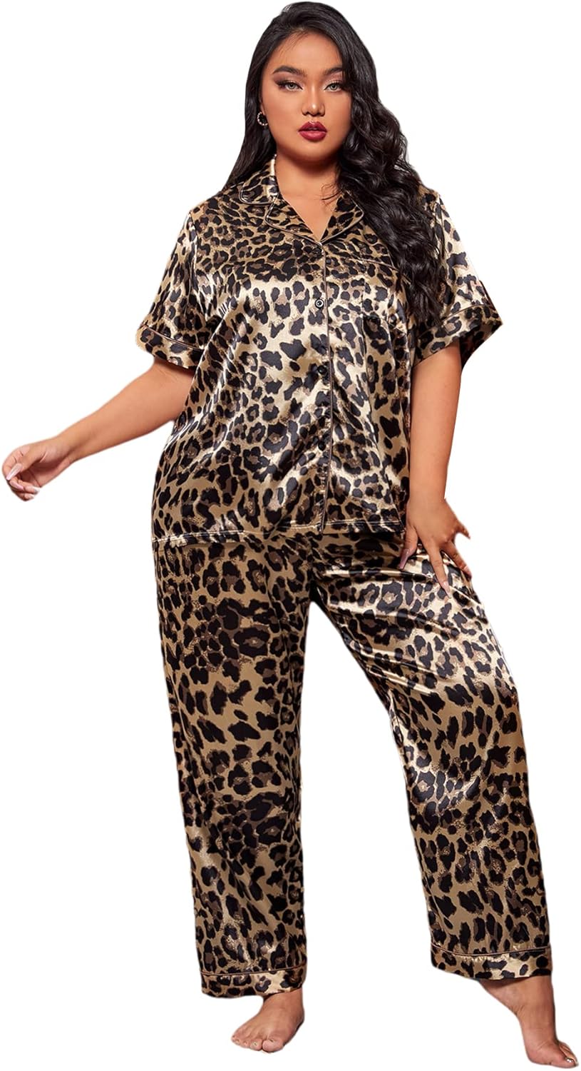 Milumia Women's Plus Size Satin Pajama Set 2 Piece Notch Collar Sleepwear Loungewear