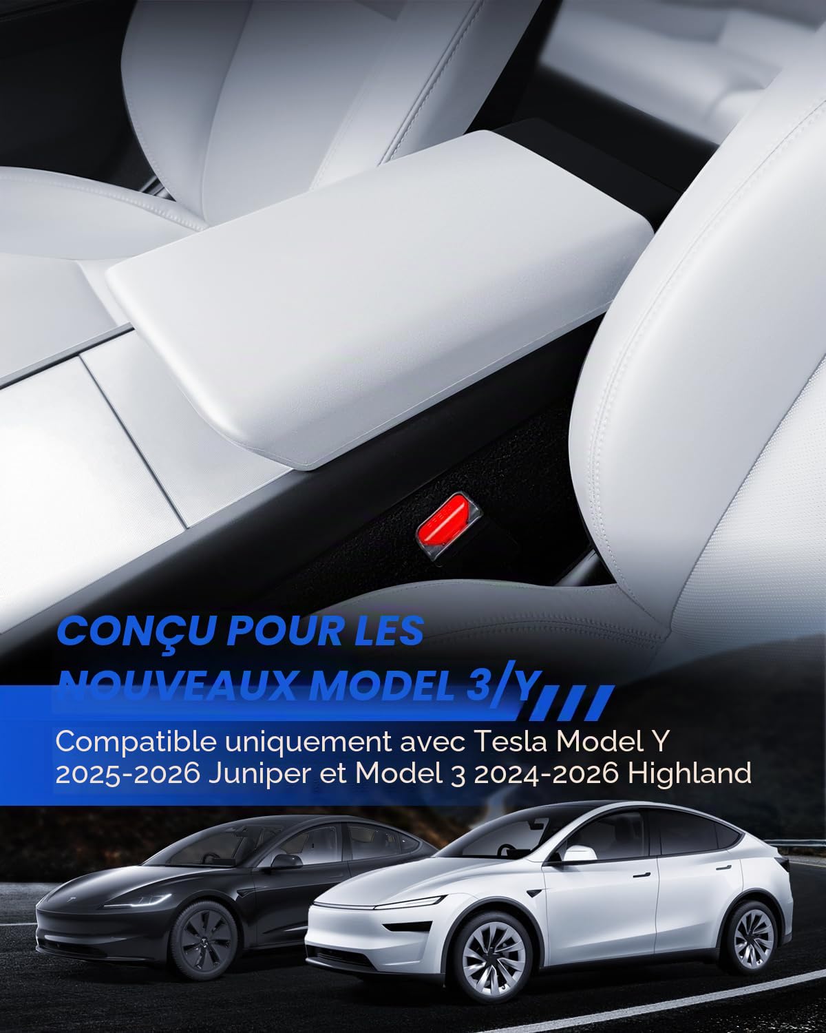Couvercle d’Accoudoir Central pour Tesla Model Y 2025-2026 et Model 3 2024-2026 Protection en TPE Étanche et Antidérapant Tesla Juniper Highland Accessoires (Blanc)