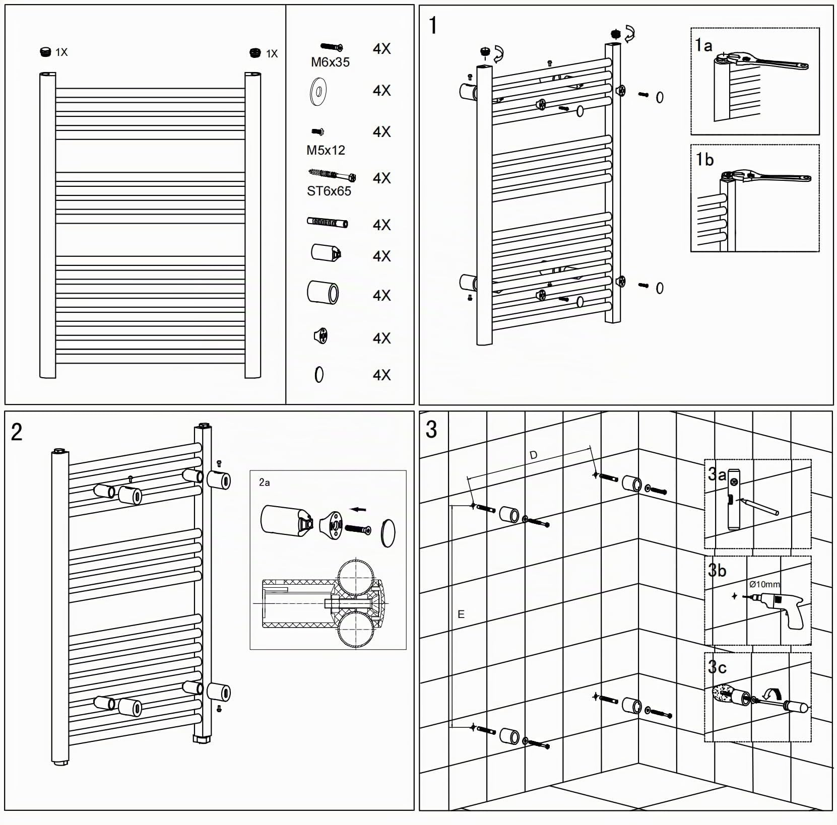 Aica Sanitarios Negro Radiador Toallero de Agua, Calentador de baño, Calienta Toallas Rápidamente (1380x500 mm)