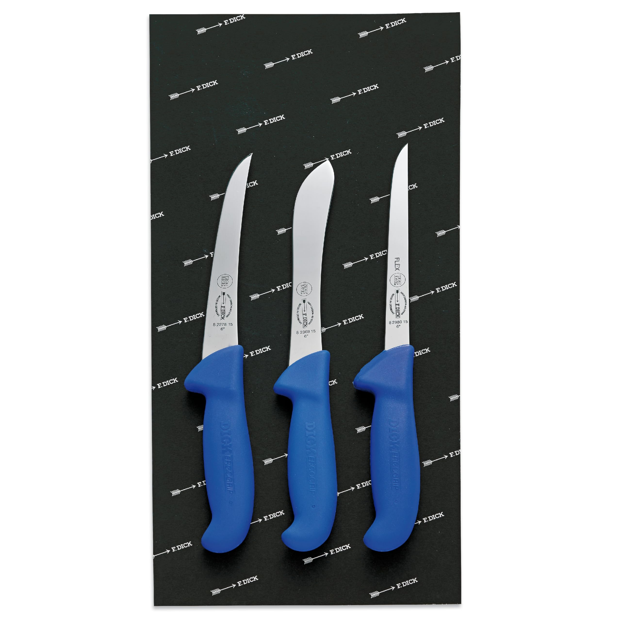 F. DICK Messer Set ErgoGrip 3-teilig (Ausbeinmesser 15 cm „flexibel“, A. Messer 15 cm, Sortiermesser 15 cm, HRC 56°) 82559100, Blau