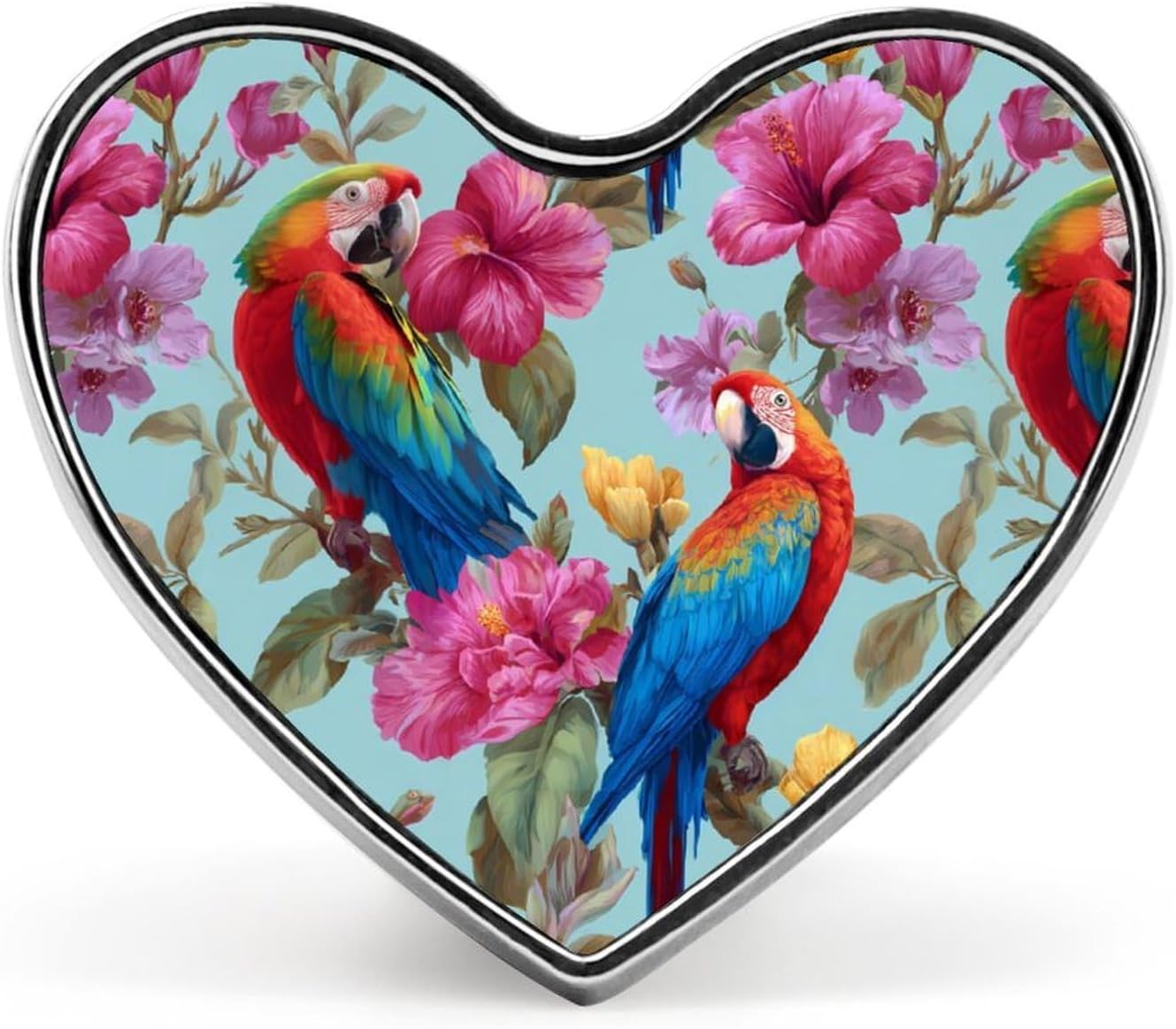 Colorful Parrots Tropical Flowers Funny Metal Badge 1″ Heart Form Brooch Pin Clothes Hat Bag Tie Accessories Decor