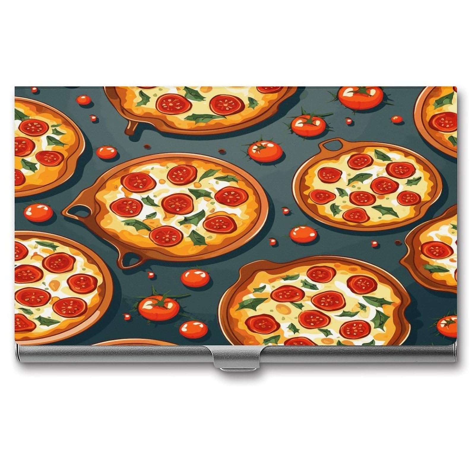 LDGSUPH Pizza Food Business Card Holder Fashion Slim Name Card Holder Minimalist Design Case Metal Card Carrier Personalized Business Card Case with Flip for Men Women