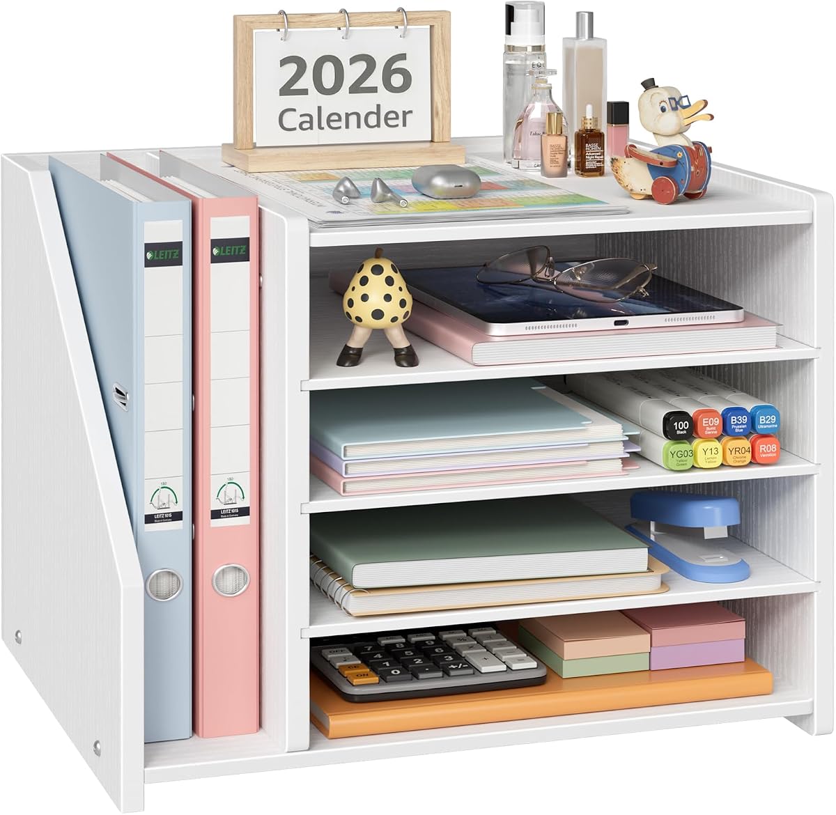 4-Tier White Wood Desk Paper Organizer, Modern Desktop Letter Tray for File Folders, White Office Desk Shelf Accessories & Workspace Organizers for A4 Documents, Sturdy Wood Sorter