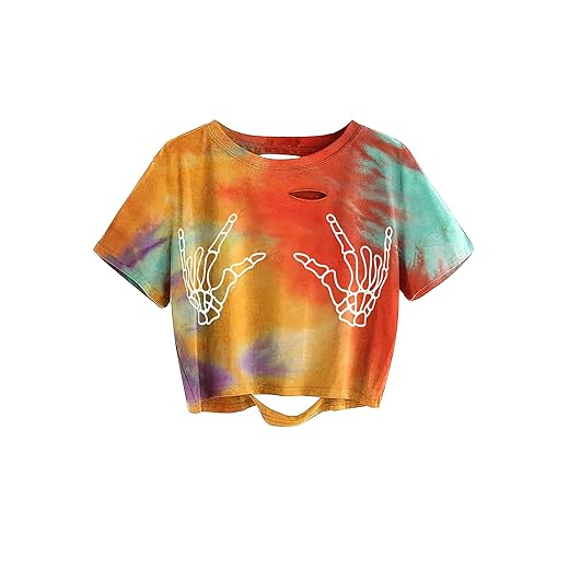 Avanova Women Skull Finger Graphic Distressed Tee Shirt Ripped Short Sleeve Crop Tops