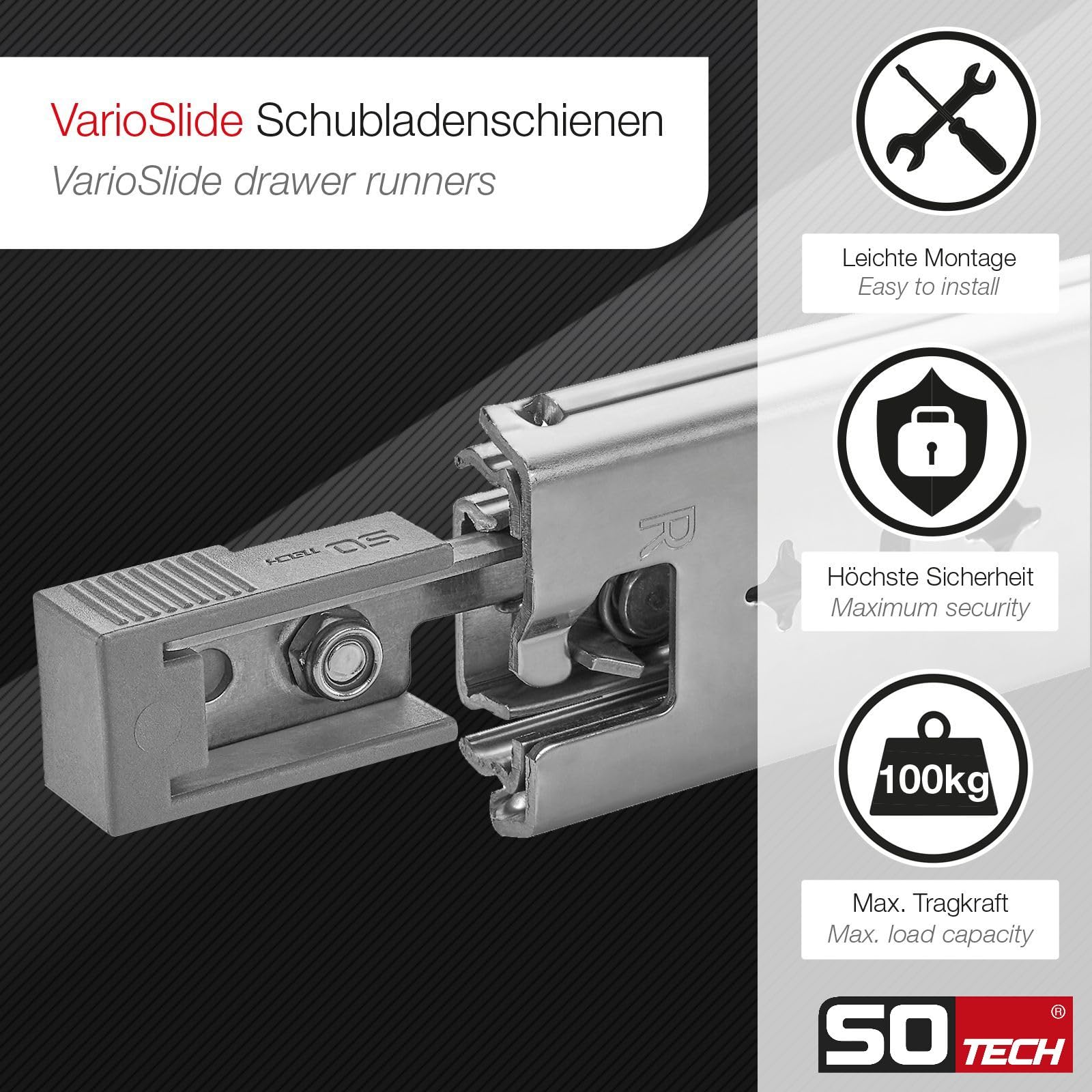 1 paire SOTECH coulisses pour charges lourdes VarioSlide KV2-100-H53-L1100-EH 1100 mm avec fonction de verrouillage/déverrouillage avec levier gris Coulisse à sortie totale pour charges lourdes,