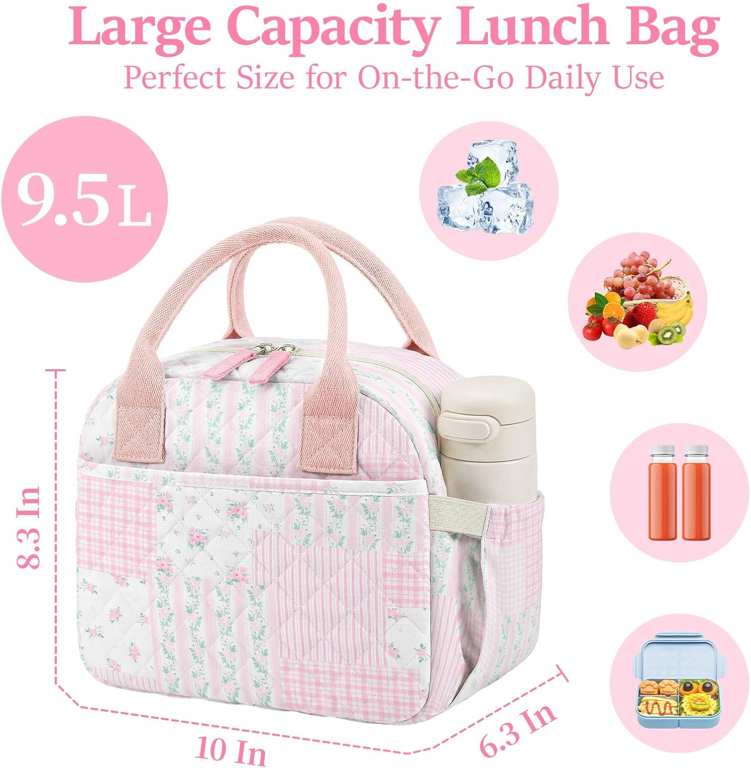 WOBAGMEN Quilted Lunch Box for Adult Women,Cute Floral Insulated Lunch Tote with Front Zipper Pocket, Aesthetic Coquette Style Reusable Lunch Box Bag for Work Gym Travel Picnic (pink hua pin, M)
