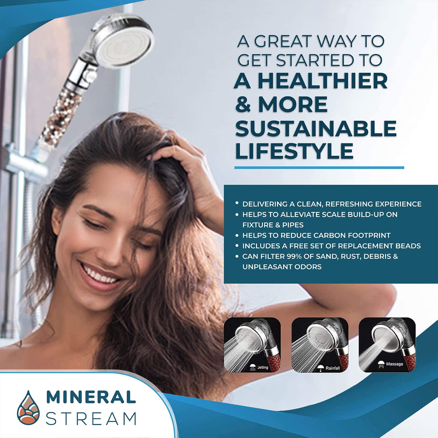 MineralStream Kit completo per soffione doccia ionico 2.0 con perline di ricambio + tubo + supporto doccia + deviatore braccio, 3 impostazioni soffione ad alta pressione per capelli secchi e pelle