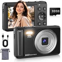 4K Digitalkamera f r Fotografie 64MP Vlogging Kamera f r YouTube Anti Shake Autofokus 16X Zoom Point and Shoot Kameras f r Teenager Anf nger32GB Karte