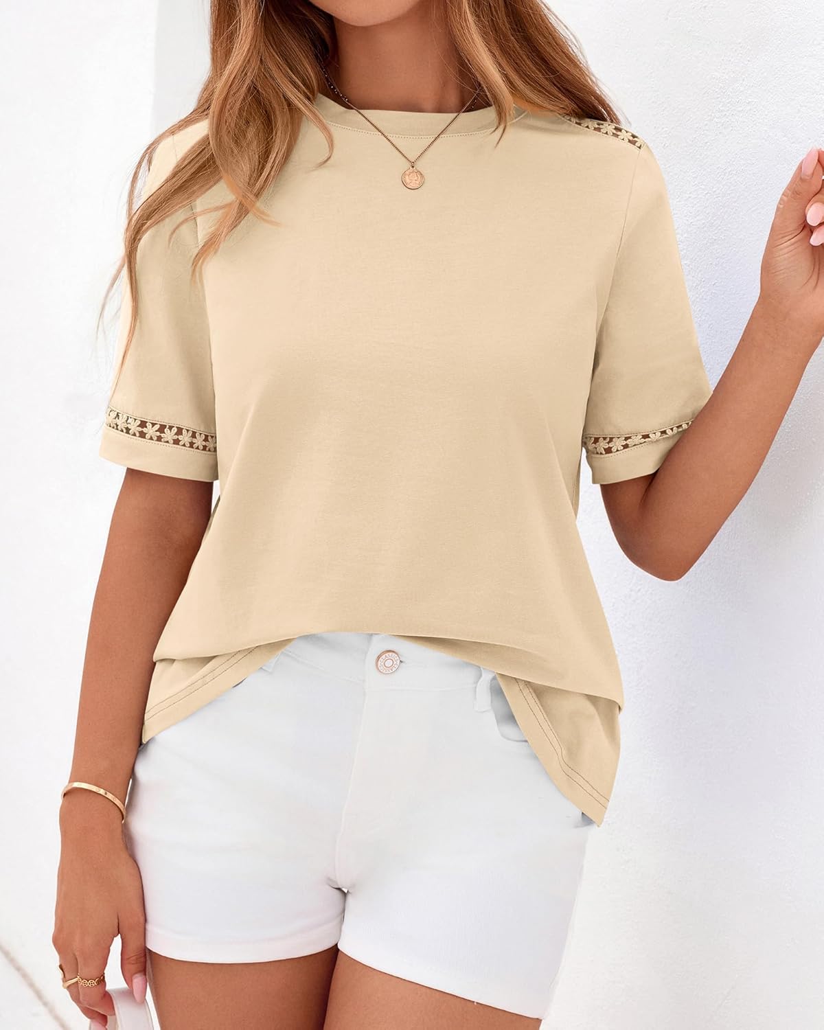 BTFBM Womens Summer Tops Lace Short Sleeve Shirts 2026 Spring Casual Loose Crew Neck Cotton Knit Cute Business Blouses - Image 7