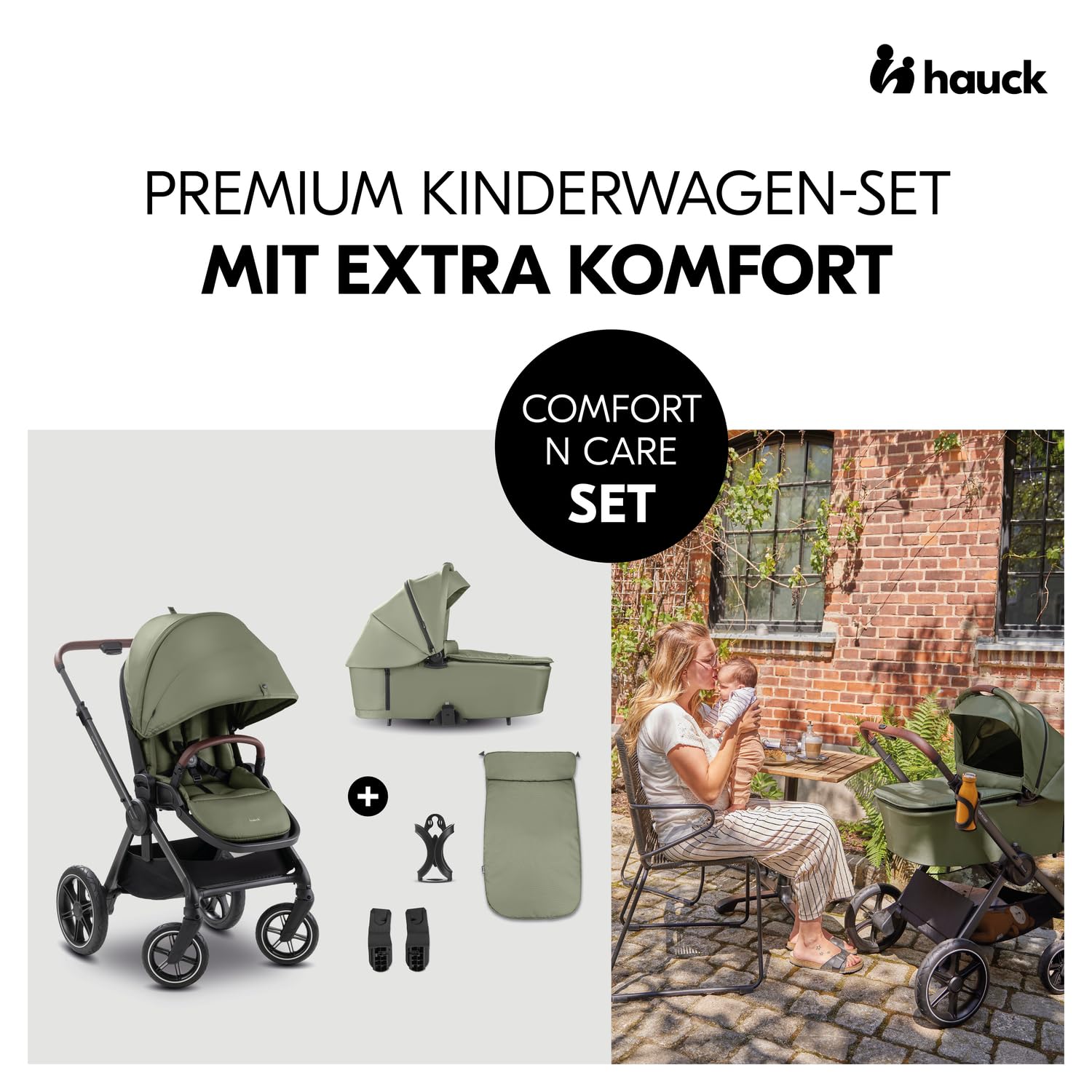 Hauck Comfort N Care Set Olive 2in1 Kinderwagen mit Gummireifen, Wanne, Wendbarer Sitz, bis 22 kg, Höhenverstellbar, inkl. Autositz Adapter