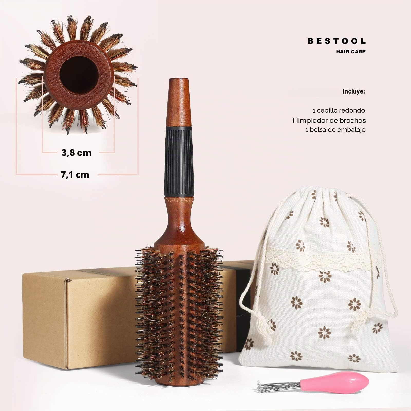 BESTOOL Cepillo de pelo con cerdas de jabalí y nailon para peinar, secar, rizar, agregar volumen y brillo (2.8 inch)