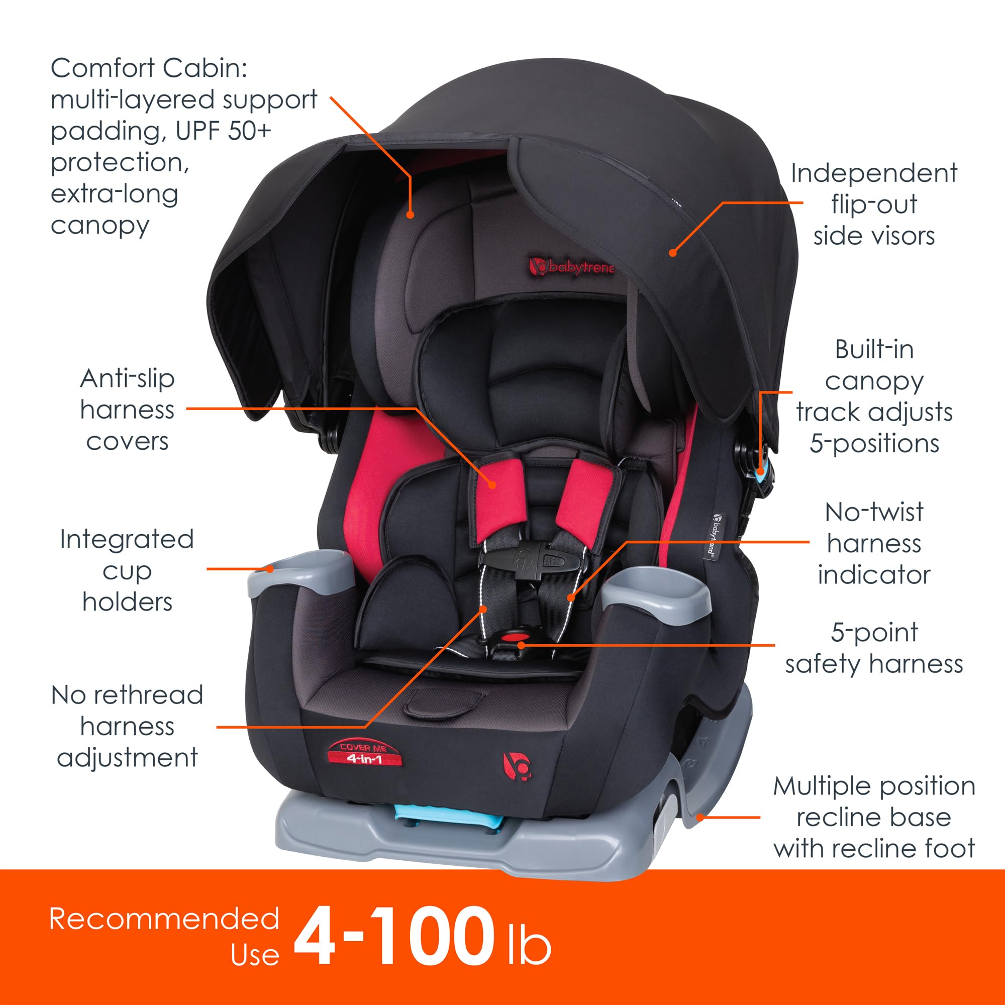 Baby Trend Baby Trend Cover Me™ 4-in-1 Convertible Car Seat, Scooter – Built-in Canopy, 4-Stage Growth System, Plush Comfort Padding, Multi-Position Recline in use
