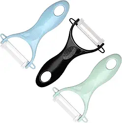 Descascador de legumes para cozinha - Descascador de batata/cenoura com cabo ergonômico e lâmina afiada - Descascador em Y de cerâmica - Fatiador para vegetais, frutas, 3 peças