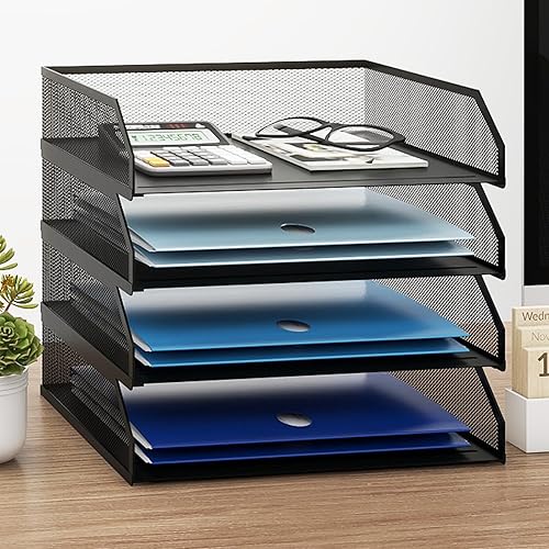 Miniatura 10 de Natwind Bandeja de papel apilable de 2 niveles, organizador de escritorio de malla metálica, clasificador de papel A4, bandejas de cartas,