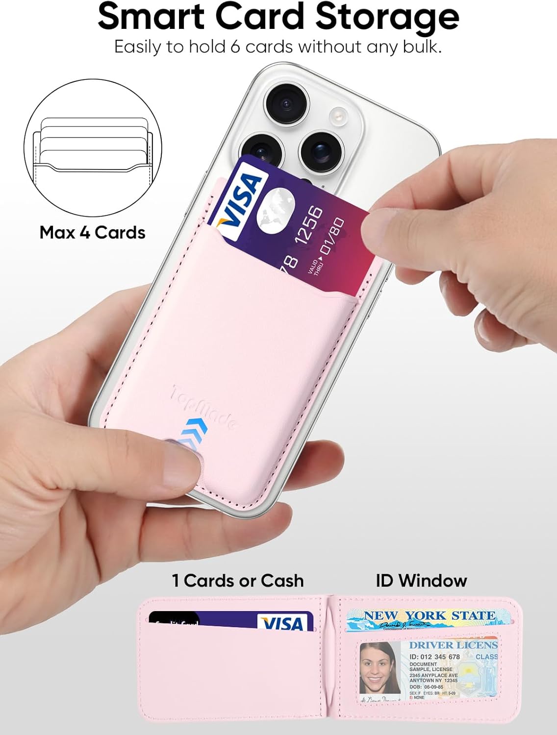 TopMade Phone Card Holder, Leather Phone Wallet Stick on with Stand, Open ID Window, Strongest 3M Adhesive Credit Card Holder for Back of Phone Case, iPhone, Samsung, and Android, Fit 6 Cards, Pink - Image 4