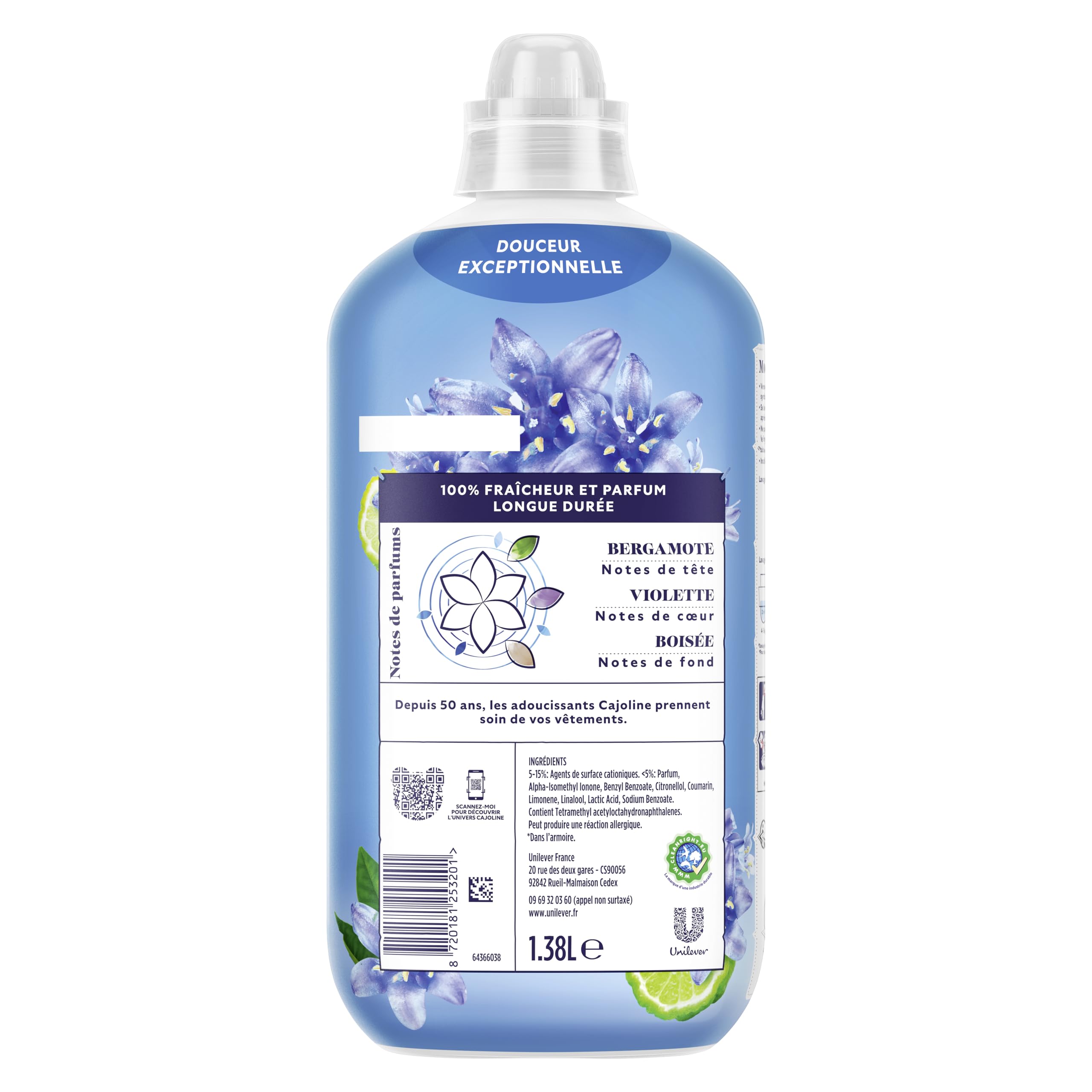 CAJOLINE - Adoucissant linge - 360 lavages - parfum Fleur de la passion et bergamote - fraîcheur parfumée (lot promo de 6x60)