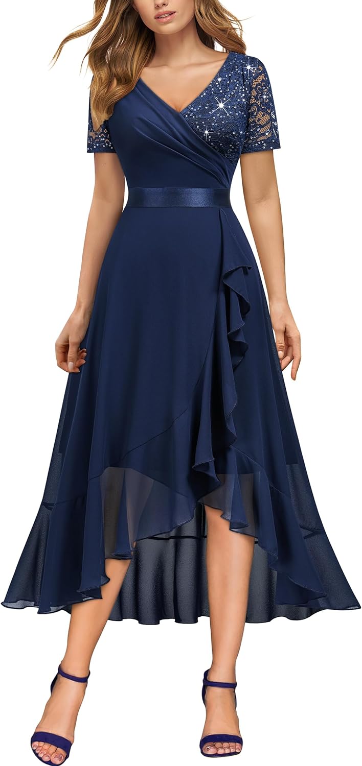 Miusol Women's Elegant V Neck Contrast Sequin Lace Chiffon Ruffle Split Evening Party Dress