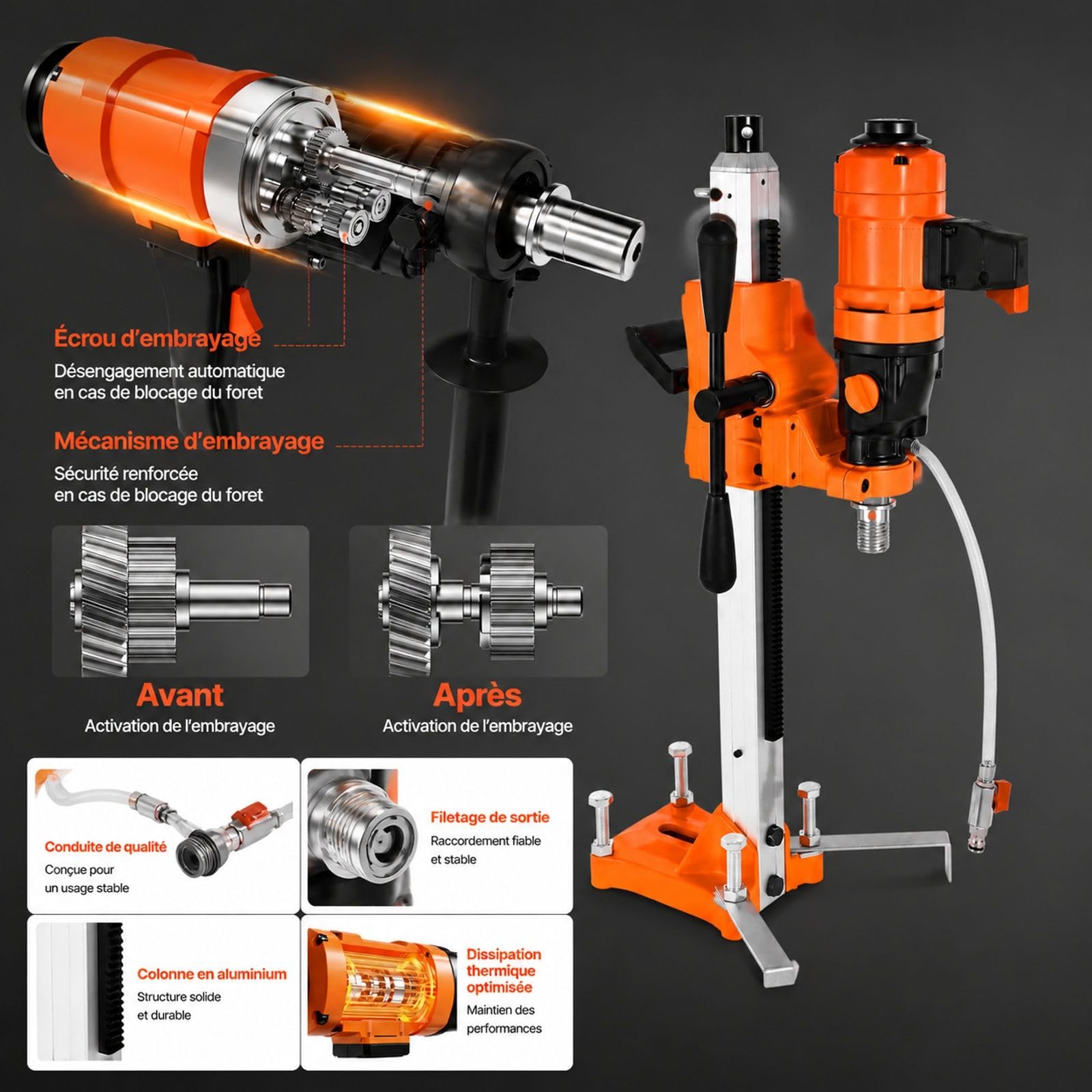 Carotteuse diamant 2 en 1, 1500 W, utilisation portative ou sur pied, 4 forets, 2 vitesses, pour béton, brique et pierre