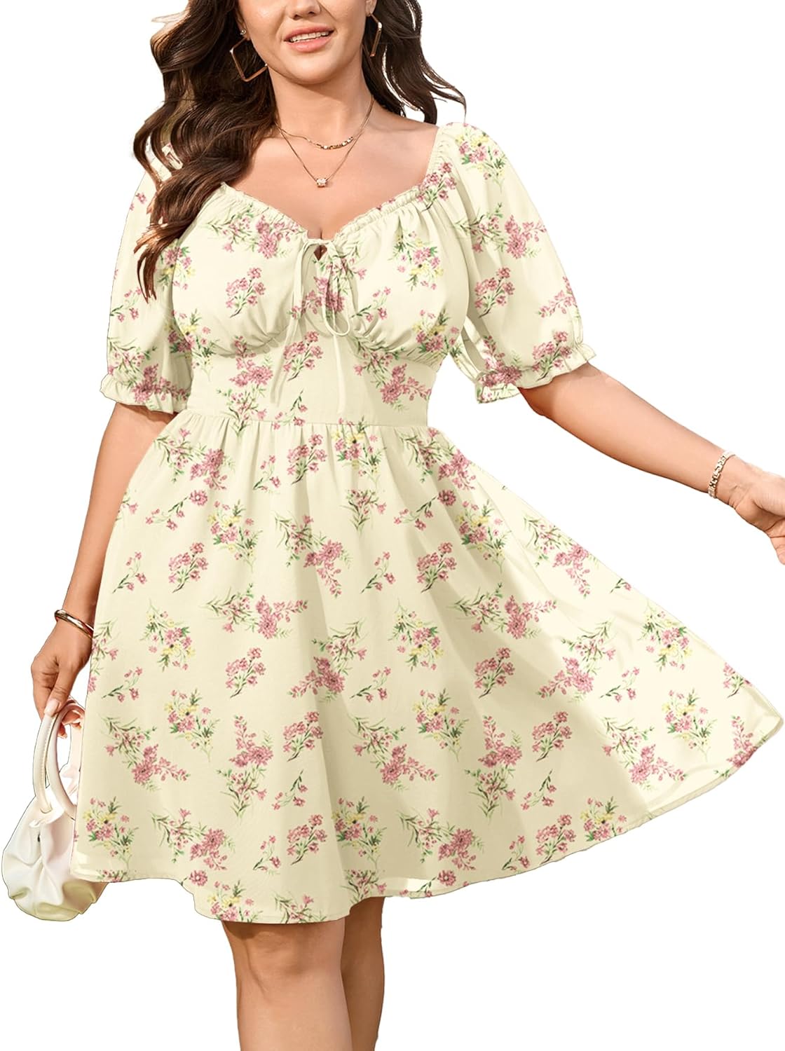 SCOMCHIC Women's Plus Size Summer Floral Dress Sweetheart Neckline Short Sleeve Tie Front Chiffon Flowy Mini Short Dresses