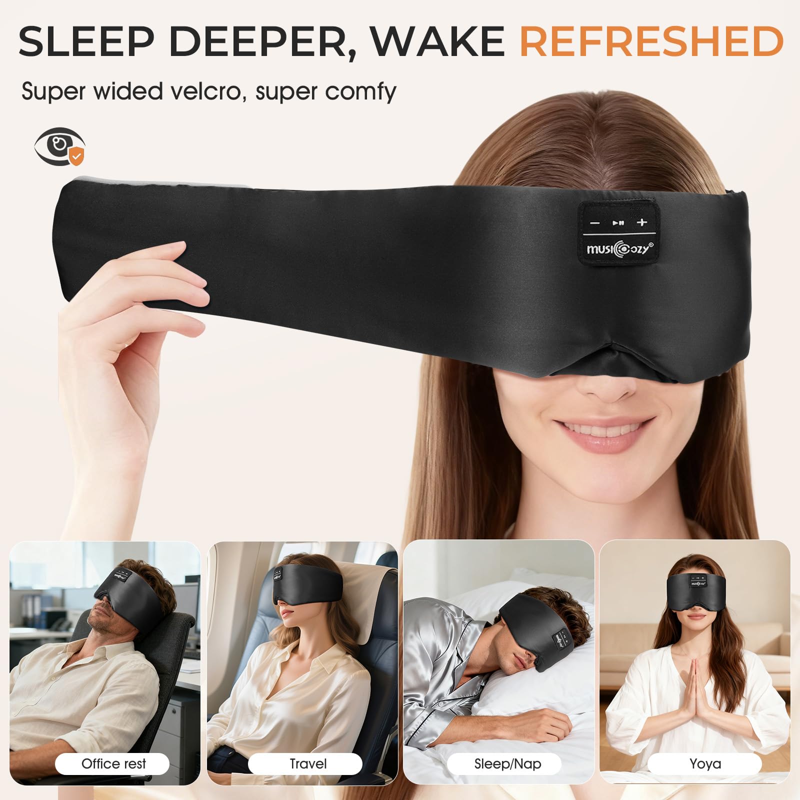 MUSICOZY Máscara de seda para dormir, con auriculares, seda de morera pura, 100 % opaco, máscara de ojos profundos 3D con auriculares