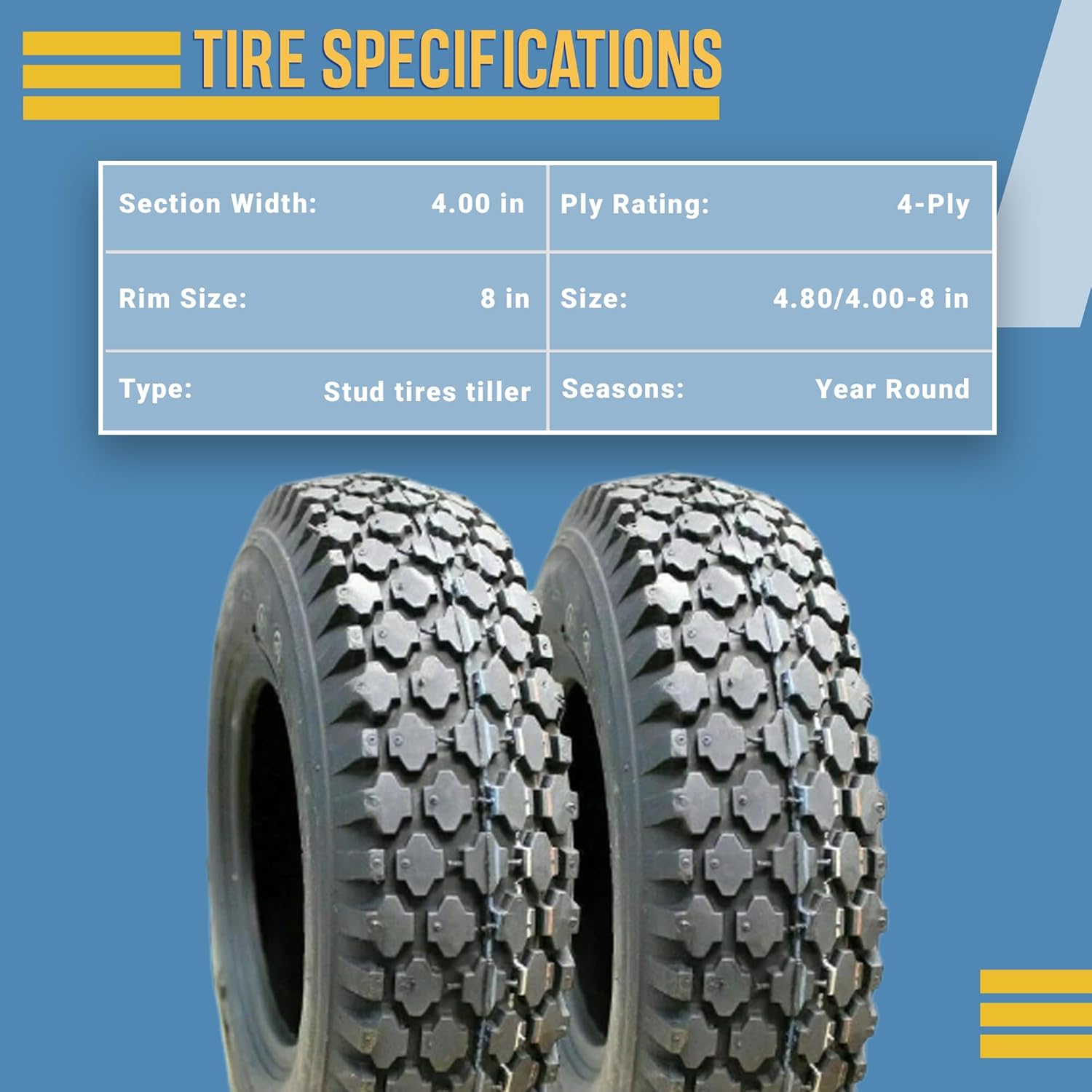 Two 4.80/4.00-8 Stud Tires Tiller 4.80-8 Tubes Gravely Go Kart Cart 480-8 480400, Perfect for Tiller, Gravely, Go Kart, Cart, 480-8 480400, Reliable Performance on All Terrains