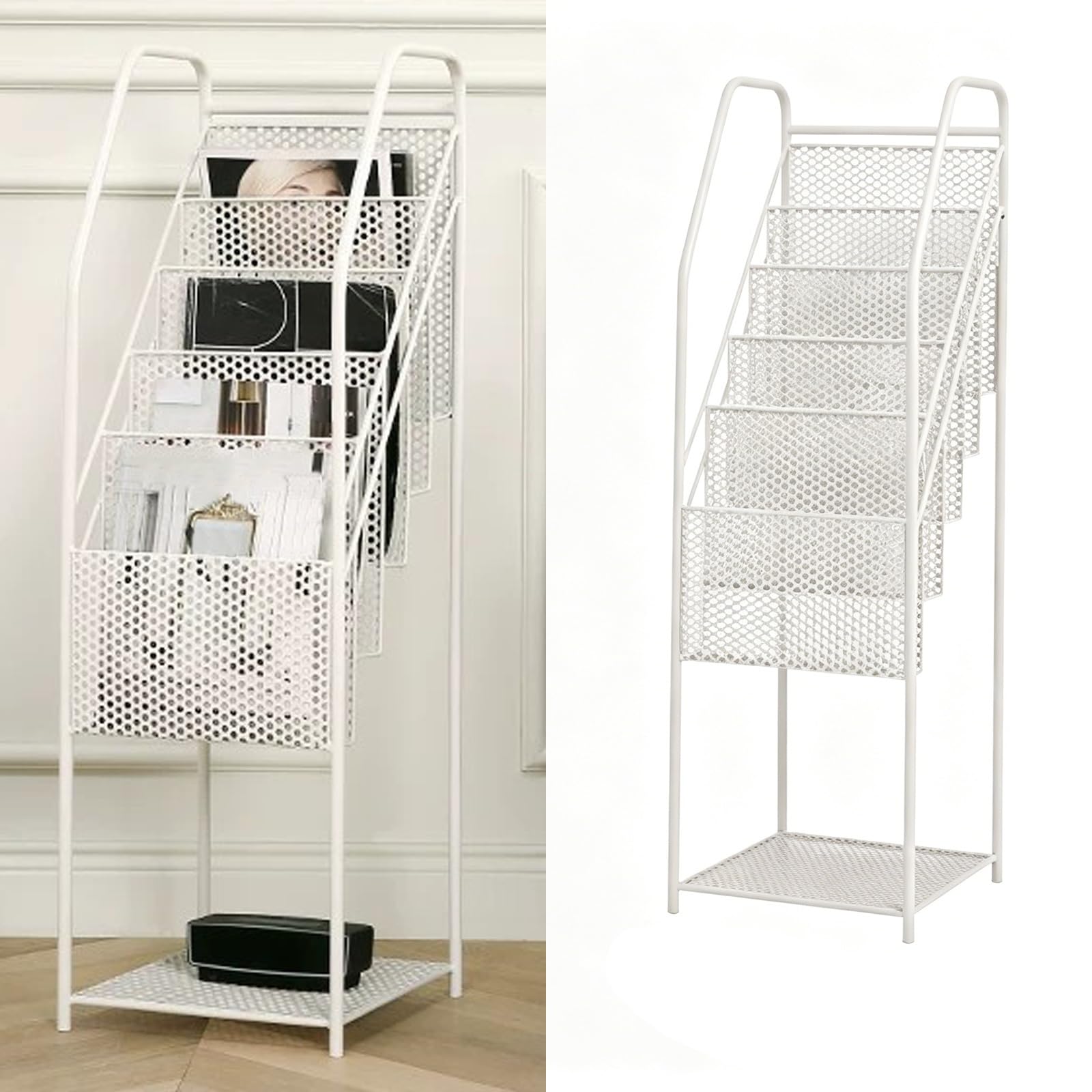 Cjwkxqol White Floor Standing Metal Mesh Brochure Display Stand, Vertical Magazine Rack For Home, Office, Malls, Hospitals, Reception Areas，Exhibitions(White)