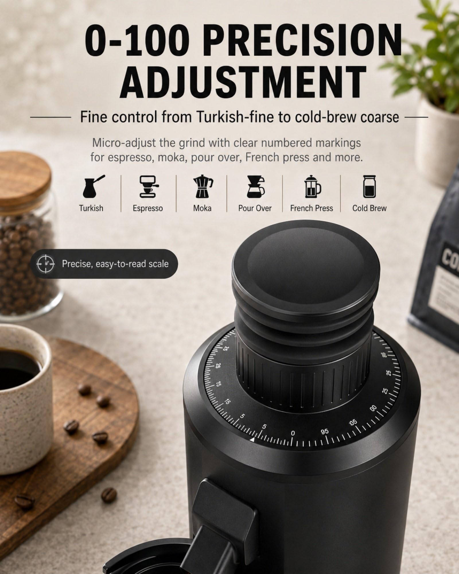 Molinillo de Café Single Dose 80mm, Molinillo Espresso Eléctrico con Muelas Planas, Ajuste 0-100, Velocidad 800-1600 RPM, Depósito 70g, Compatible Portafiltro 58mm, 550W Black