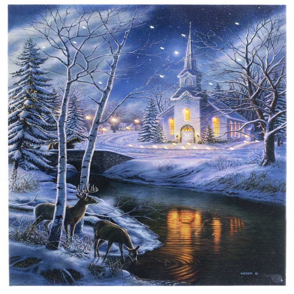 Oak Street Peace on Earth Snowy Church and Deer Scene LED Art 17"x14" Canvas Light up Picture OSW197380