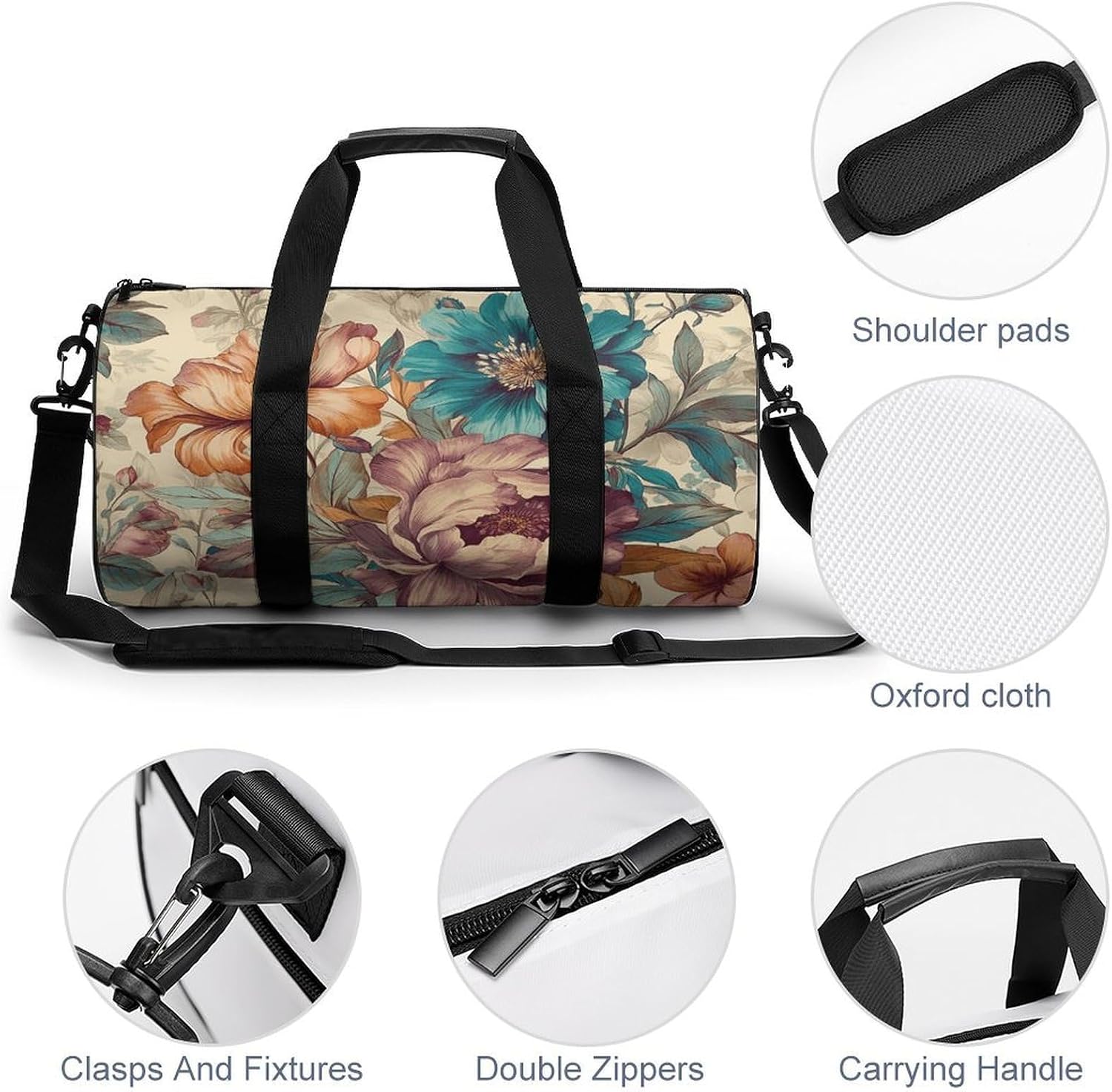 Vintage Hand Drawn Flowers Gym Bag Hand-held Fitness Bags Cylindrical Fitness Bag with Shoe Large Compartment Duffle Bags for Travel Sports Unisex image 5