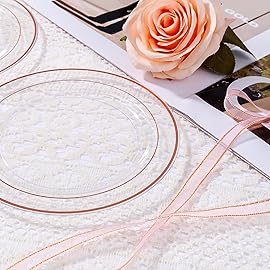 bUCLA 100PCS Clear Rose Gold Plastic Plates Disposable - Heavy Duty 6.25 Inch Clear Plastic Dessert Plates with Rose Gold Trim - Ideal for Party, Wedding & Mothers Day