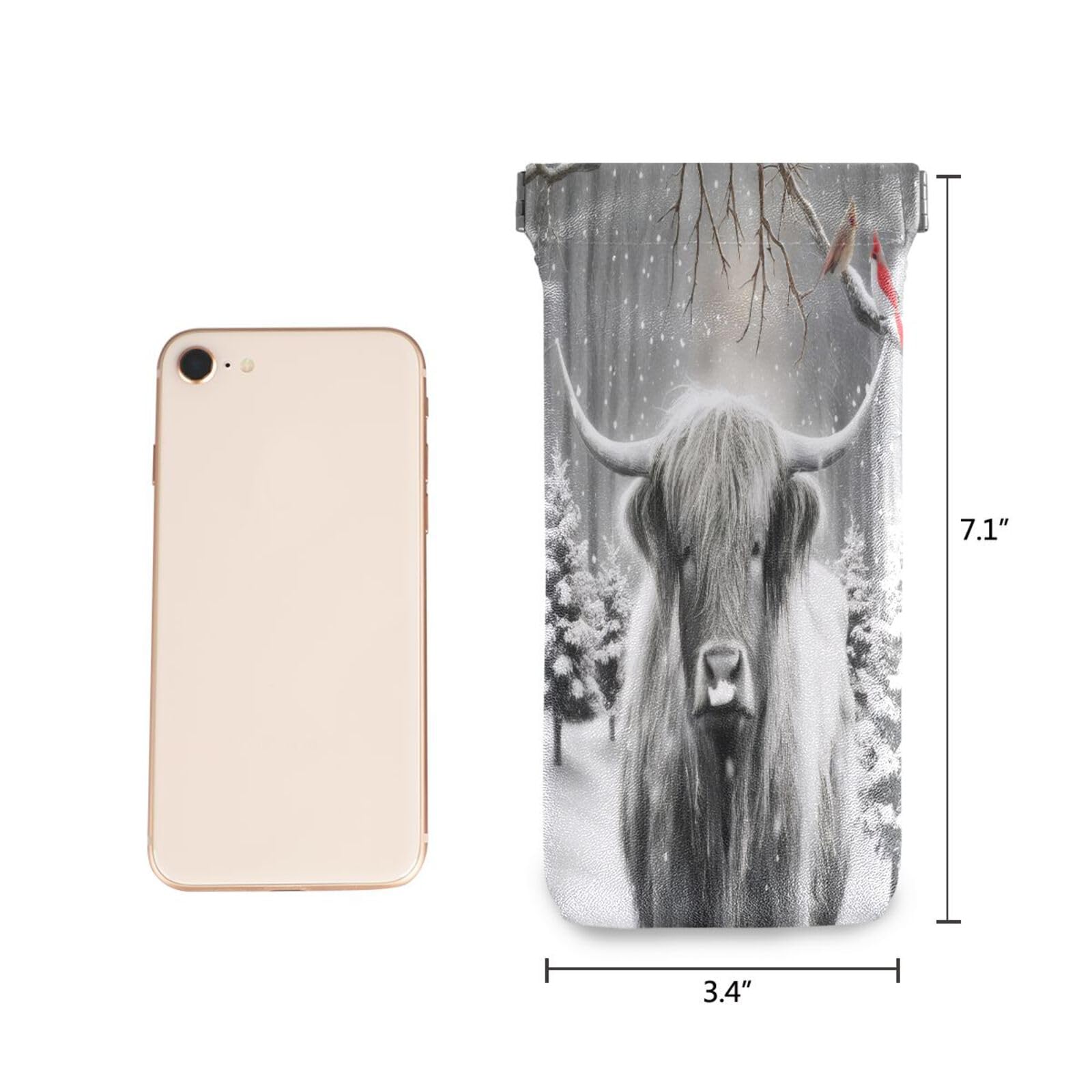 FLildon Christmas Highland Cow Grey Eyeglasses Pouch Squeeze Top Sunglasses Case Soft PU Leather Eyeglass Bag for Men Women