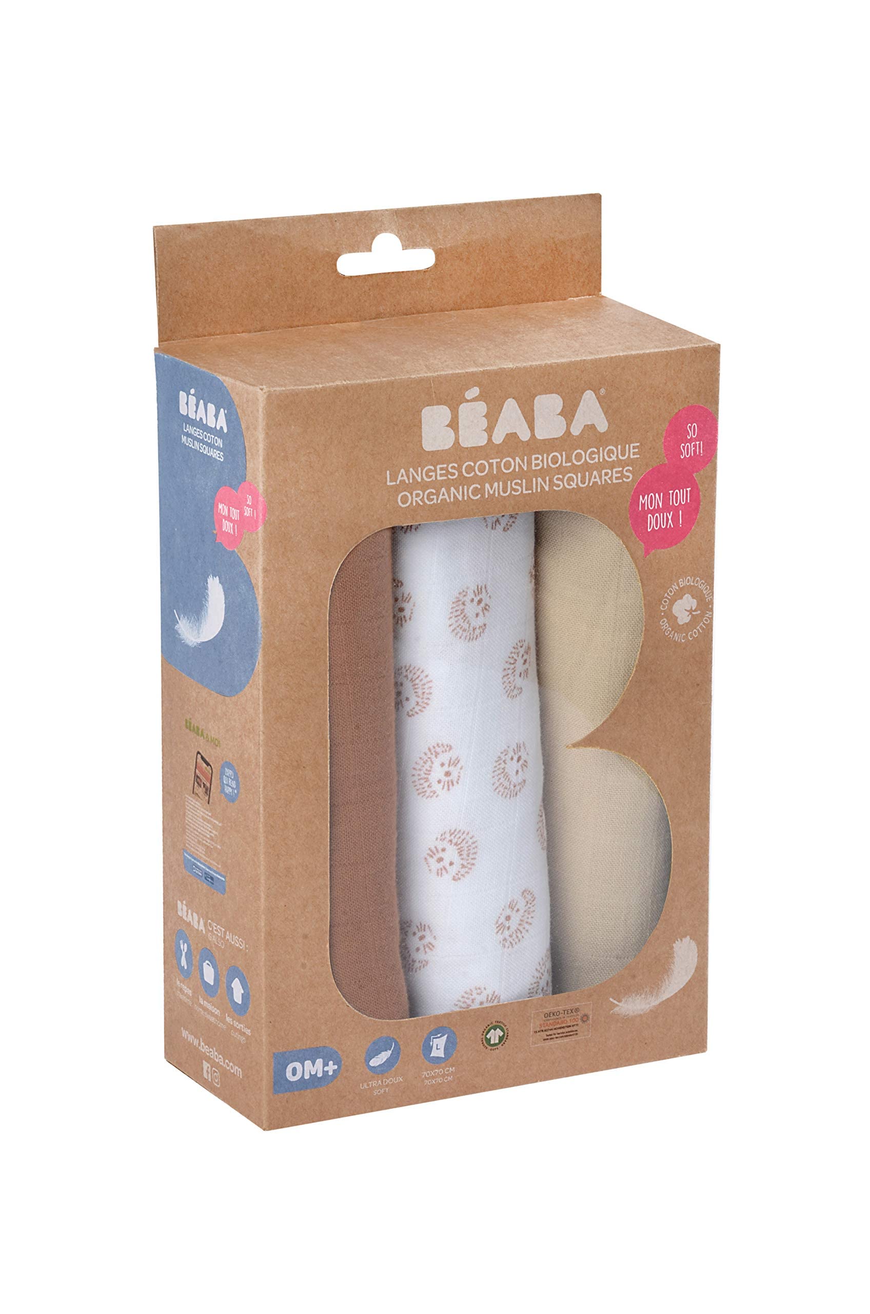 BÉABA, Lot de 3 Langes Bébé, Mousseline de Coton Biologique, Multi-usages : Bavoir, Couverture nomade, Doudou, Ultra doux, Respirant, 70x70, Ecologique et Sain, Motif Hérisson