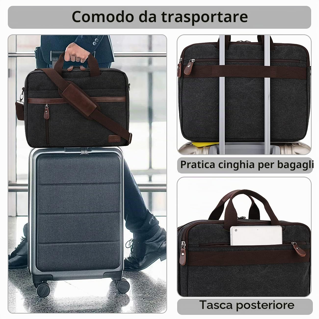 RAVUO Tracolla Uomo, Impermeabile 17 Pollici Porta PC Portatile, Borsa da Lavoro per Insegnanti, Affari, Università - Nero