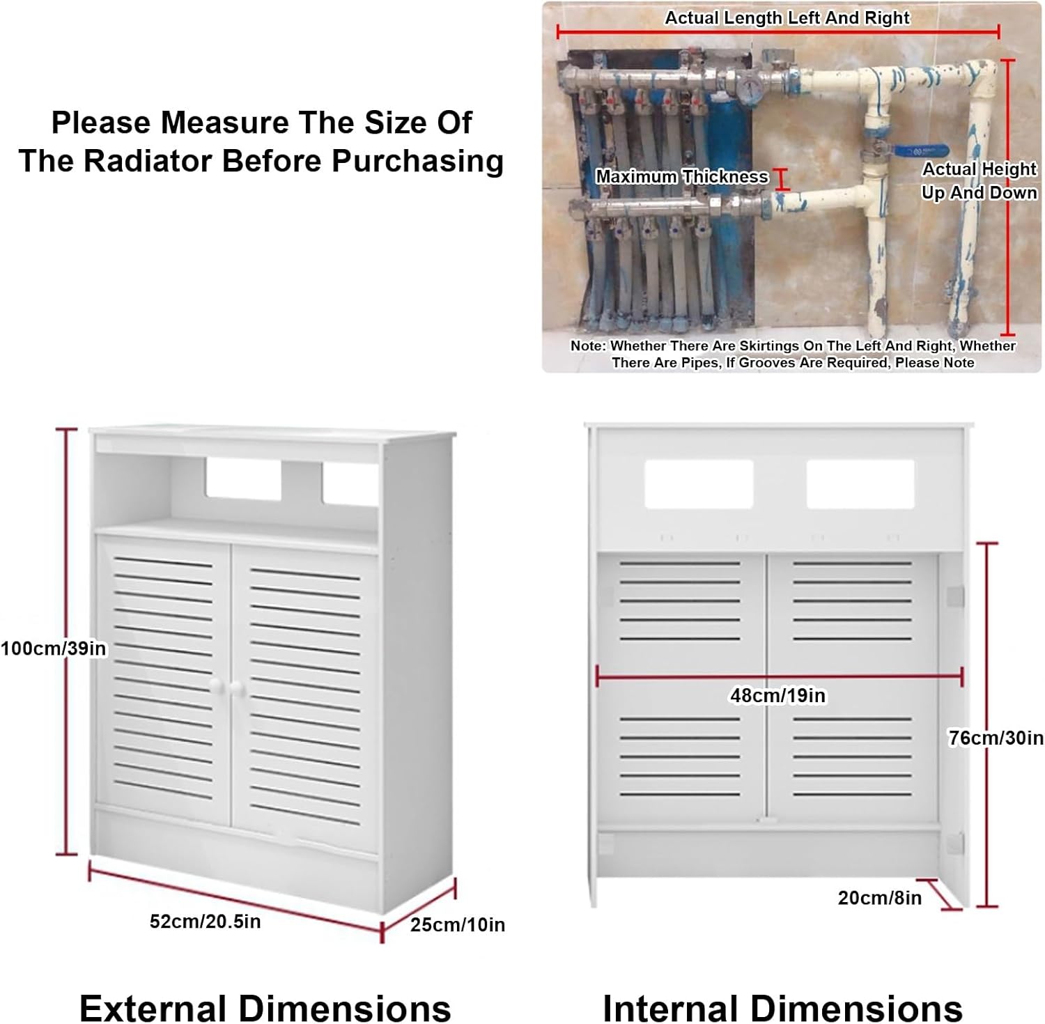 Modern White Radiator Cover, Radiator Covers Top Storage Shelf, Snap Assembly, Fits Most Radiators, Heating Decorative Cabinet for Bathroom, Living Room(52x100x25cm/20.5x39x10in)