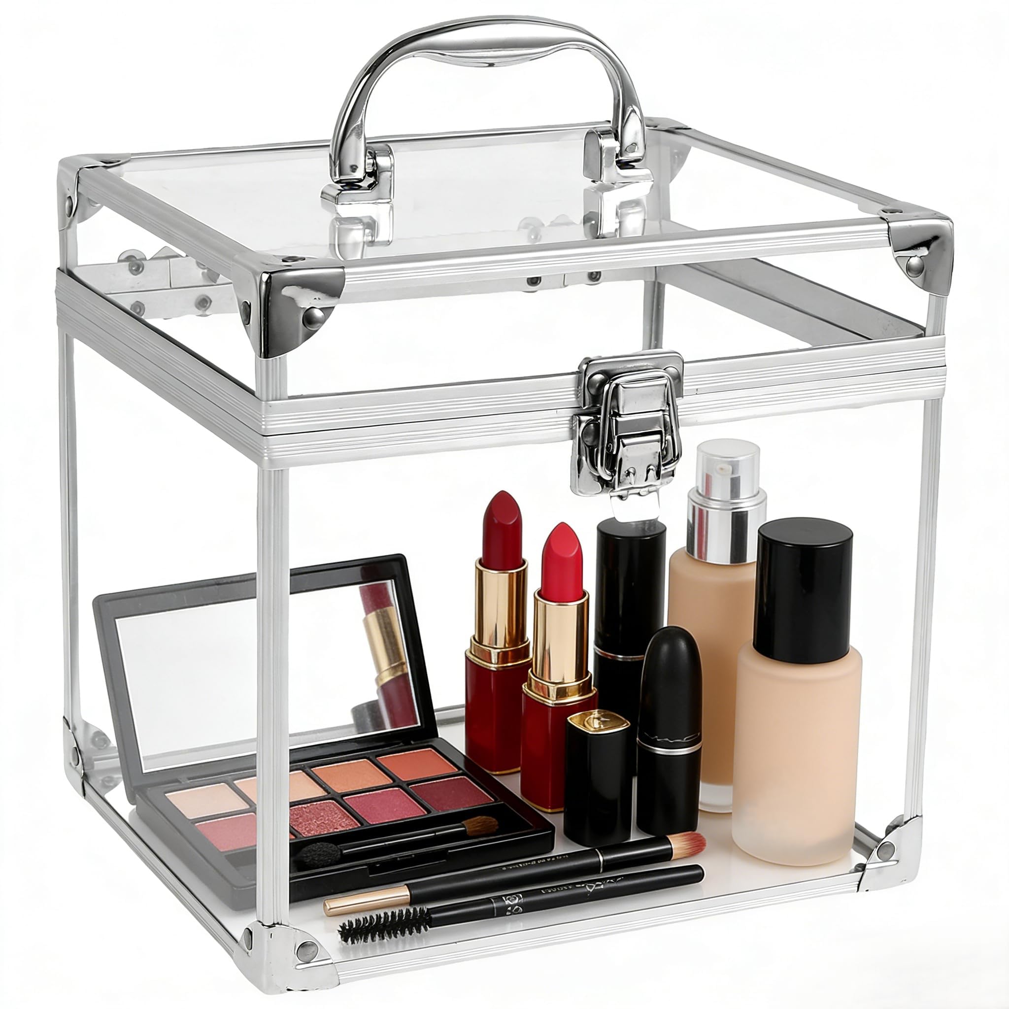 ,Plata,Caja de Belleza, Estuche Transparente para cosméticos, Caja de Maquillaje con asa, Caja organizadora de artículos de tocador, Herramientas de Maquillaje de Viaje para tocador, tocador de baño