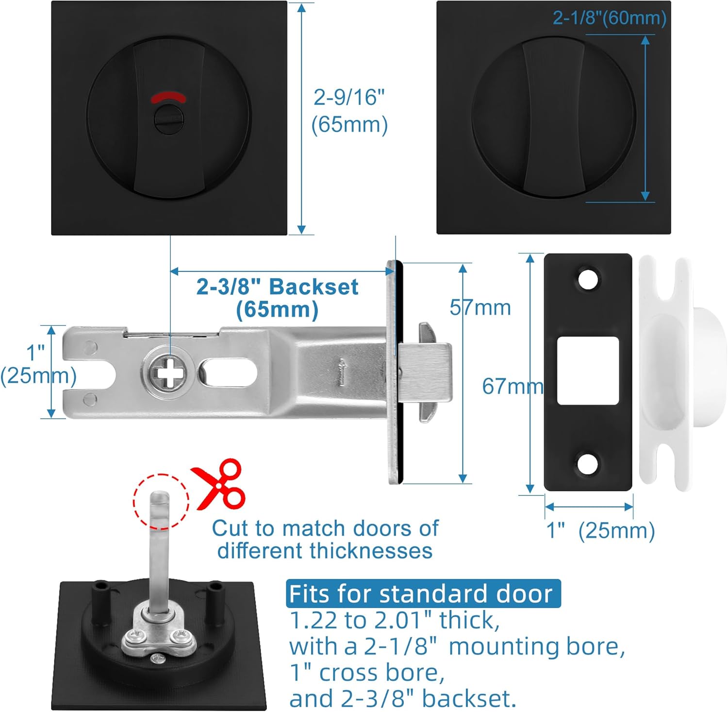CozyTower Pocket Door Lock, Pocket Door Hardware Square Door Lock for Privacy Sliding Door Bifold Door Locks Pocket Door Pull Handles Replacement Hardware (Matte Black, Privacy Lock with Indicator)