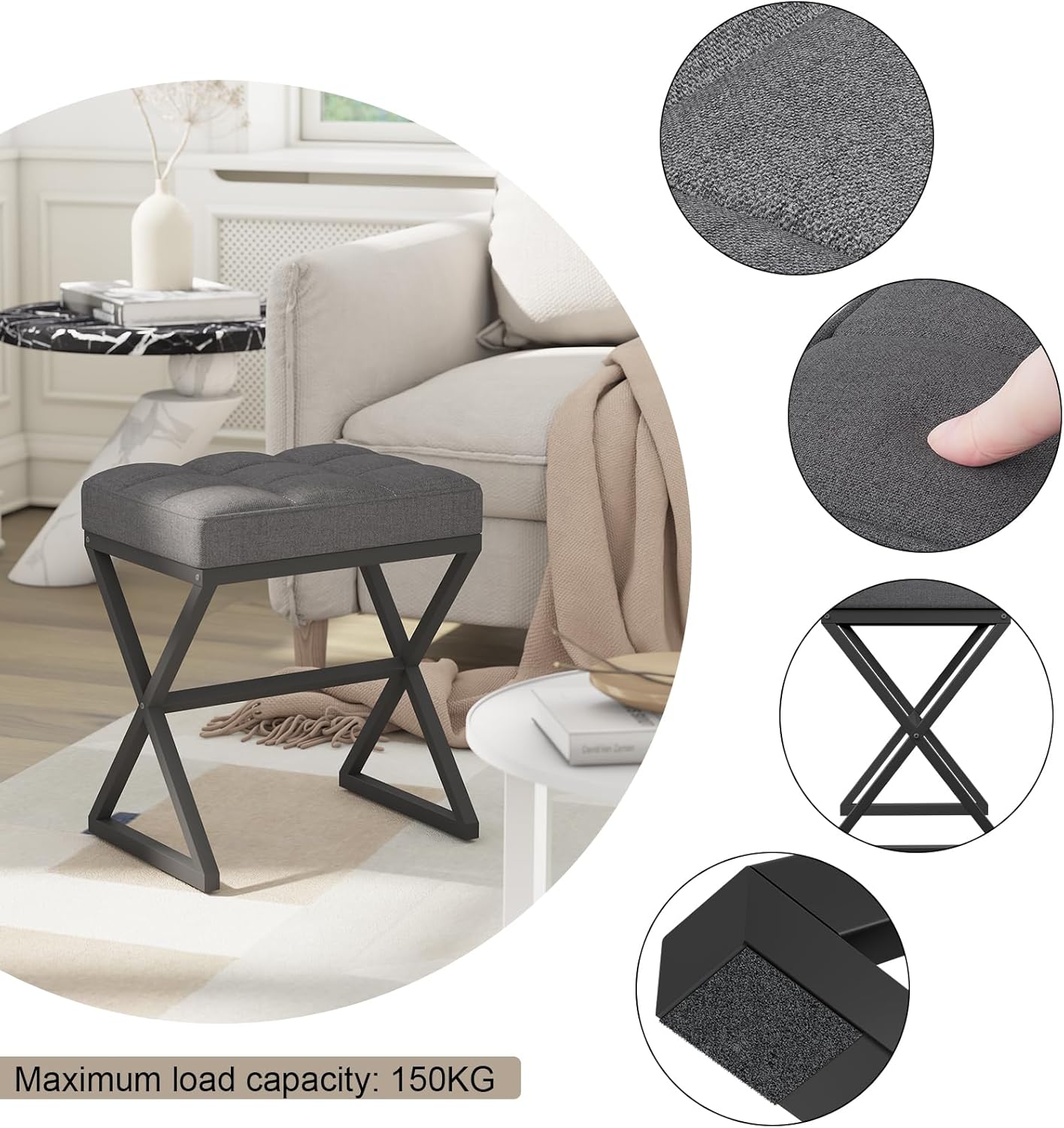 YMYNY Vanity Stool, Linen Footrest, Ottoman Bench with X-Shaped Metal Legs, Makeup Dressing Stool for Vanity, Living Room, Bedroom, Entryway, Hallways 15.74" D×11.81" W×18.11" H Grey UHBD033G