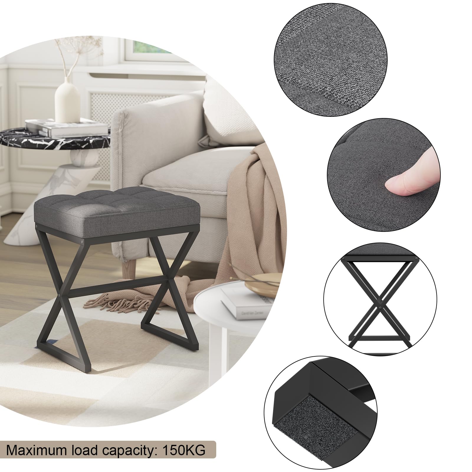 YMYNY Pouf Sgabello per Trucco, Poggiapiedi per Piedi, Sgabello con Seduta in Lino, Ottomano per Trucco con Gambe in Metallo a Forma di X', per Vanità Soggiorno Ingresso 40×30×46CM Grigio HBD033G