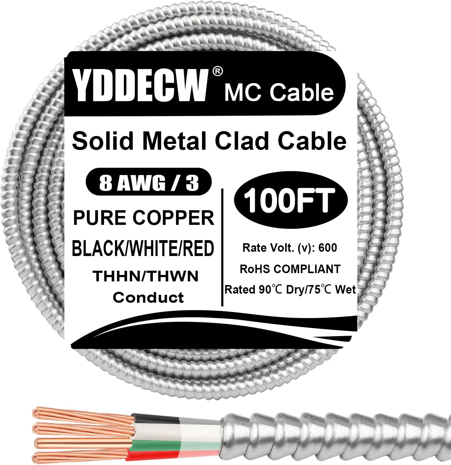 100ft 8/3 Metal Clad (MC) Cable with Ground, 8 Gauge Electric Wire with Aluminum Armor, Solid Bare Copper Conductors for Indoor Outdoor Underground Embedded Installation (8/3, 100 ft)